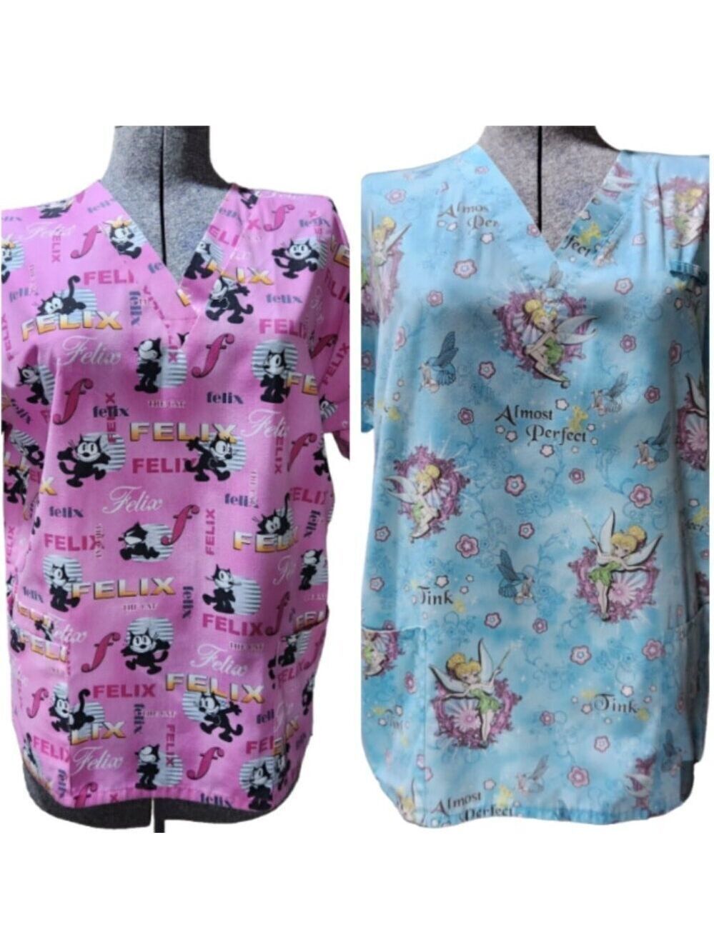 Scrub Nursing Top Lot of 2 Womens Med. Tinkerbell & Felix the Cat V Neck